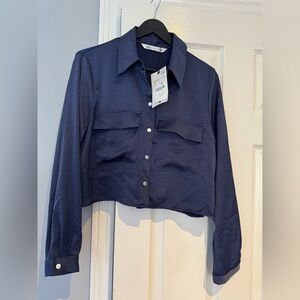Zara Dark Blue satiny Collared cropped Shirt